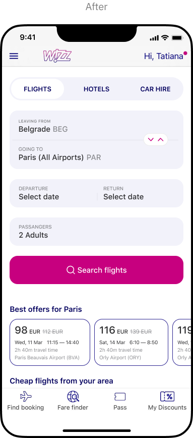 Wizz Air home screen after